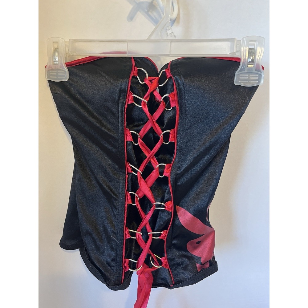 Playboy Intimates Corset Bustier Top Black & Red Lace Up Hook & Eye M